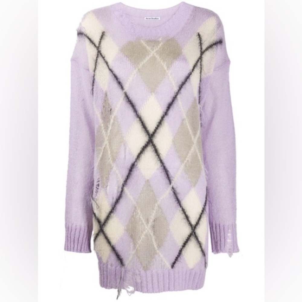 Acne studios OVERSIZED DISTRESSED ARGYLE KNITTED SWEATER IN LILAC